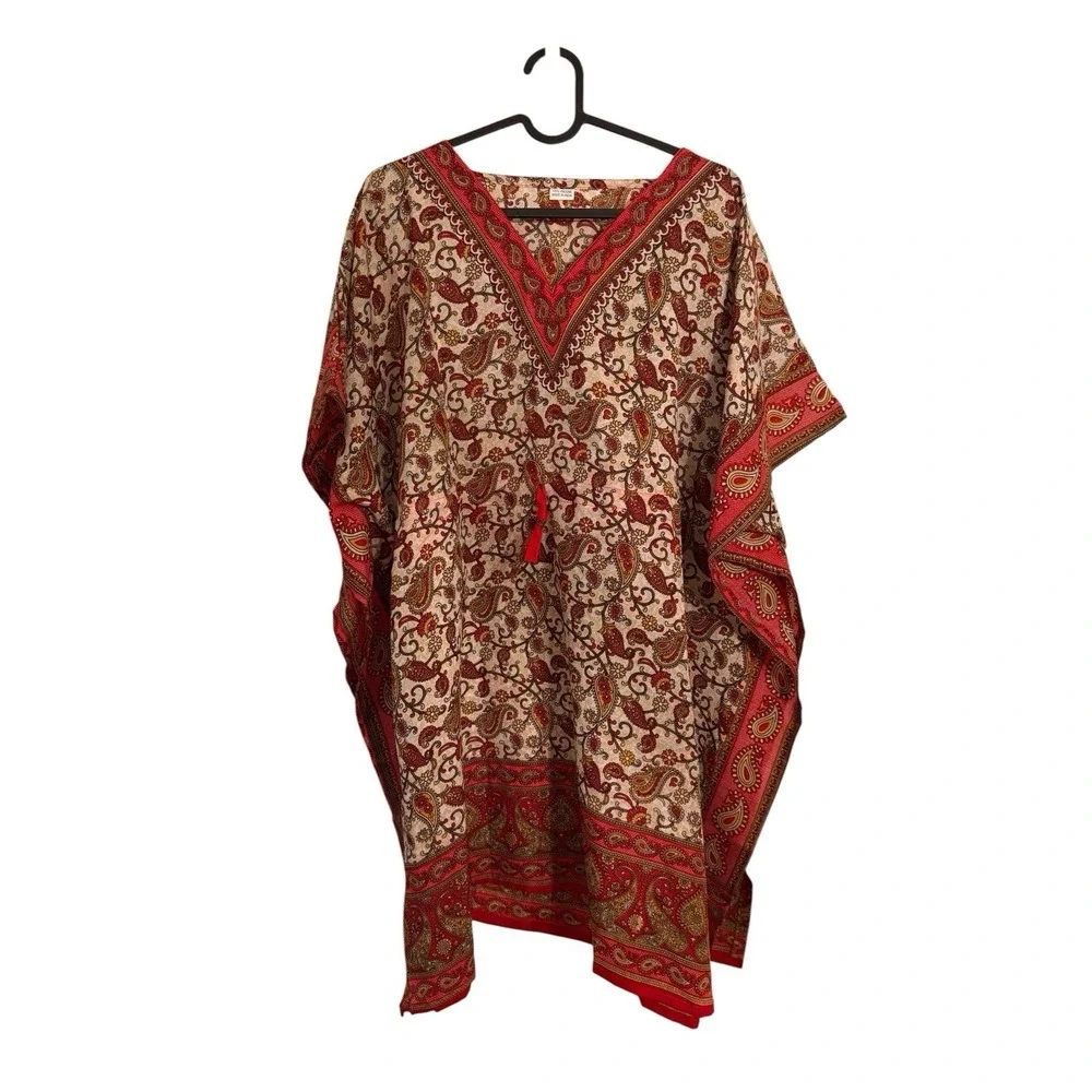 Brhamaki River Of Roses Kaftan Tunic Women Red Beige Boho Beach Cover Up Flowy - Picture 3 of 6